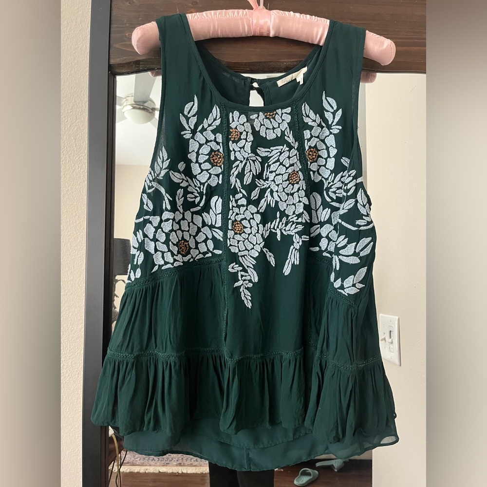 Floreat Dark Green Embroidered Tiered Sleeveless Top